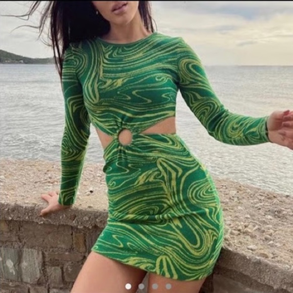 Zara Cut-Out Long Sleeve Knit Dress Green Swirl Bodycon Mini Club Party 60s Mod